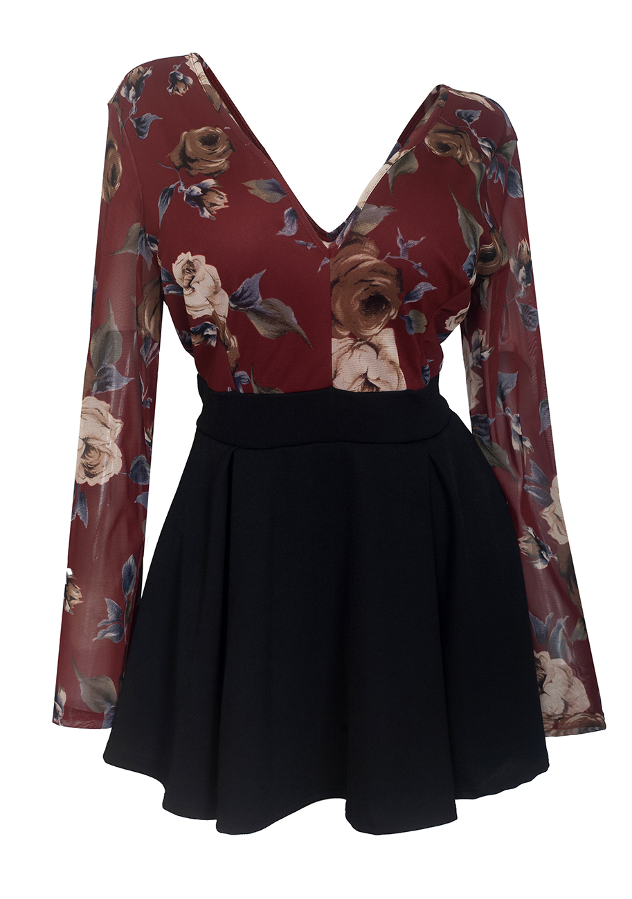 Plus size Lace Overlay Romper Dress Floral Print 1915 Photo 1