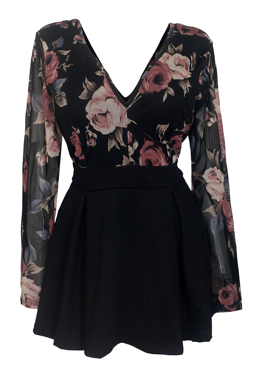 Plus size Lace Overlay Romper Dress Black Floral Print 1915 Photo 1