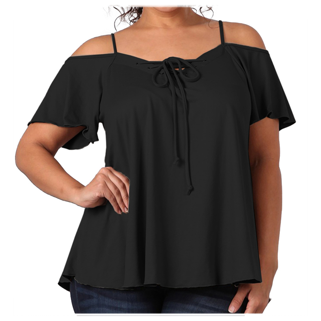 Women's Lace Up Cold Shoulder Top Black 17117 Photo 1