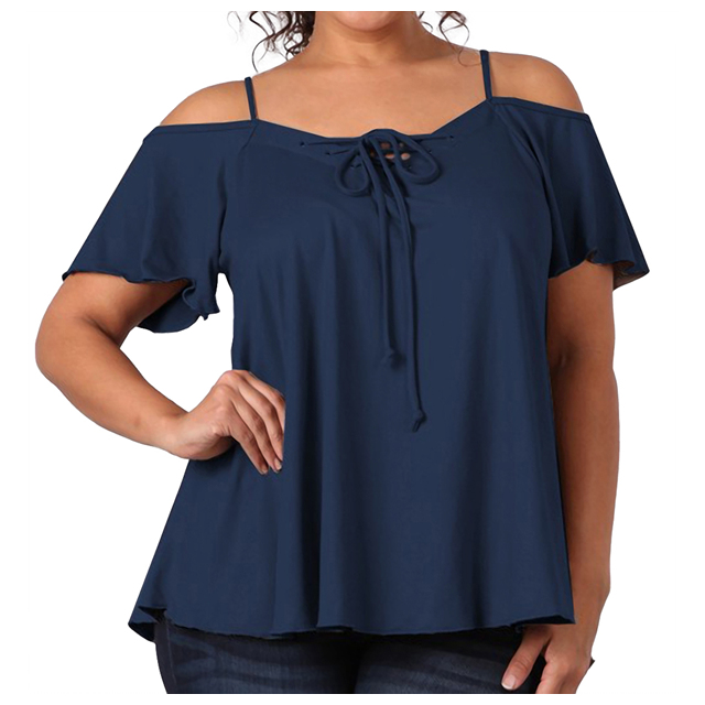 Women's Lace Up Cold Shoulder Top Navy 17117 Photo 1