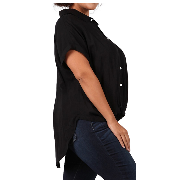 Women's Short Sleeve Button Down Blouse Black Photo 2