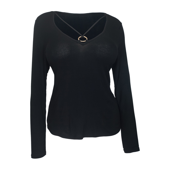 Women's O-ring Detail Long Sleeve Top Black Photo 1