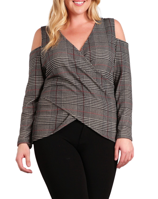 Plus Size Cold Shoulder Plaid Top  Photo 1