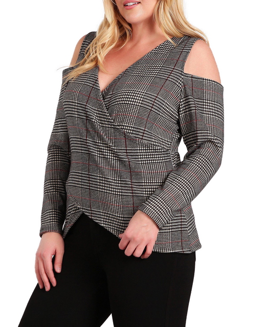 Plus Size Cold Shoulder Plaid Top  Photo 2