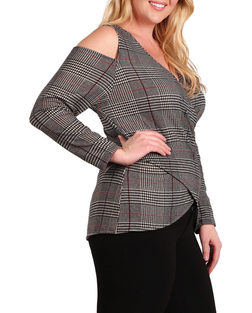 Plus Size Cold Shoulder Plaid Top  Photo 2
