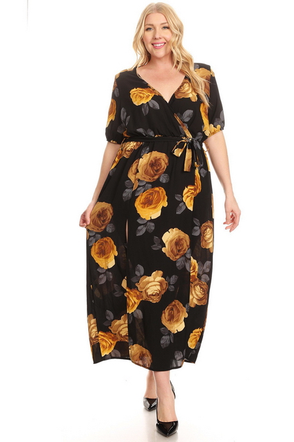 Plus Size Wrap Maxi Dress Black Floral Print 18218 Photo 1
