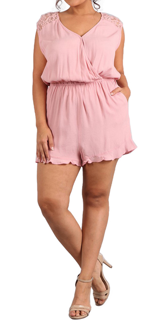 Women's Lace Shoulder Relaxed Fit Romper Blush Photo 1