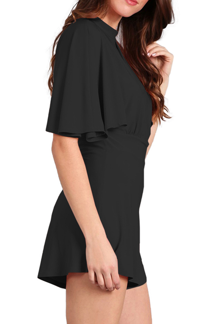 Women's Keyhole Solid Knit Romper Black Photo 2