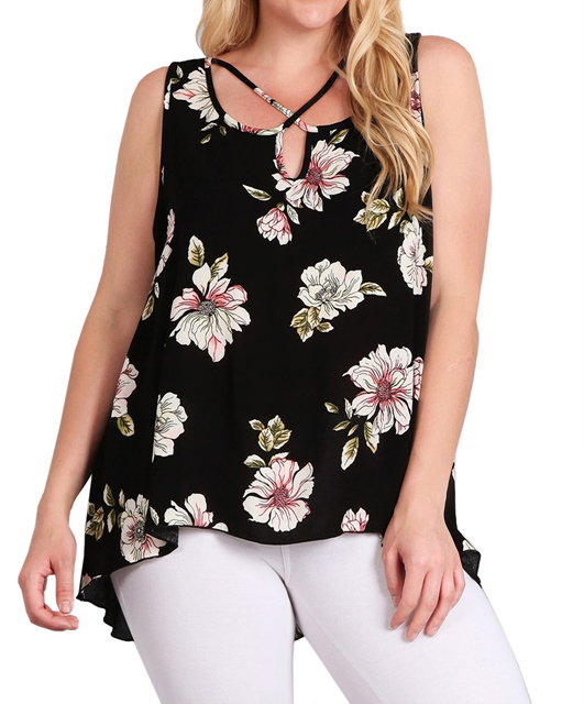 Women's Crossed Detail Top Black Floral Print Photo 1