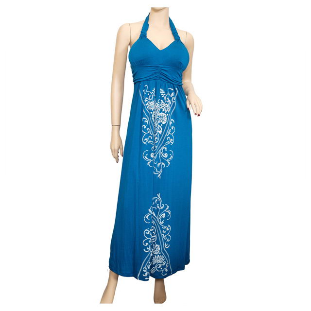 Plus Size Royal Blue Embroidered Maxi Halter Neck Cocktail Dress Photo 1
