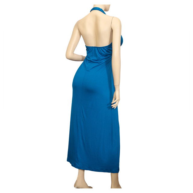 Plus Size Royal Blue Embroidered Maxi Halter Neck Cocktail Dress Photo 4
