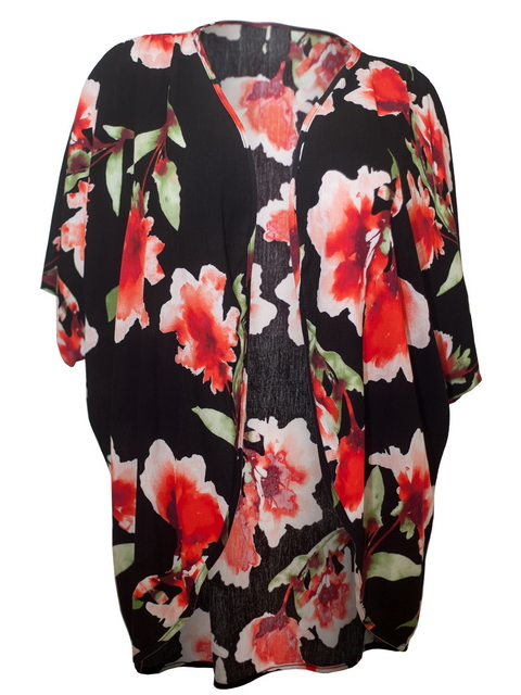 Plus size Long Open Front Kimono Cardigan Black Floral Print 18421 Photo 1