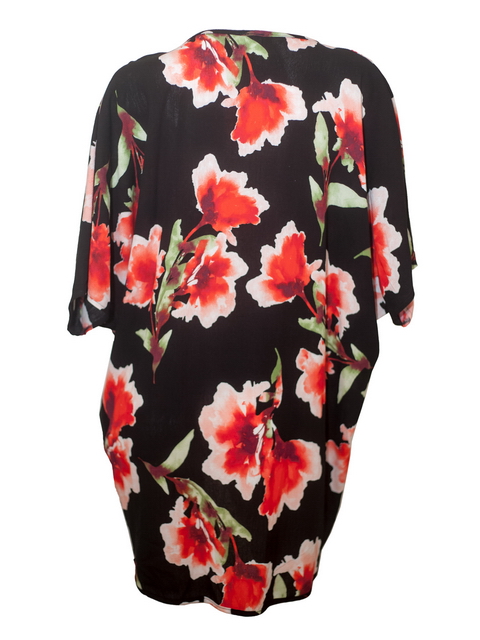 Plus size Long Open Front Kimono Cardigan Black Floral Print 18421 Photo 2