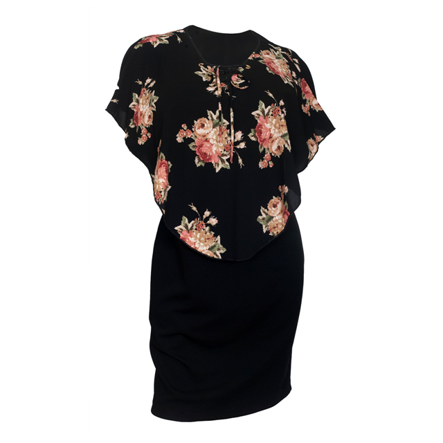Women's Lace up Layered Poncho Dress Floral Print Black 1761 Photo 1