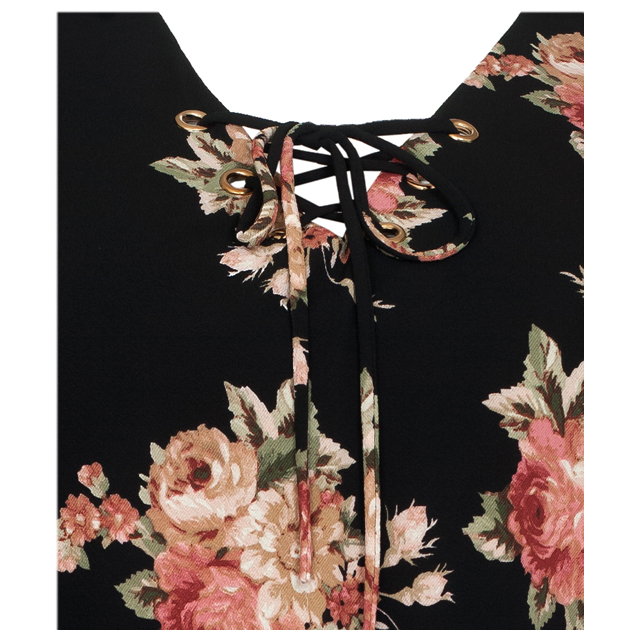 Women's Lace up Layered Poncho Dress Floral Print Black 1761 Photo 1