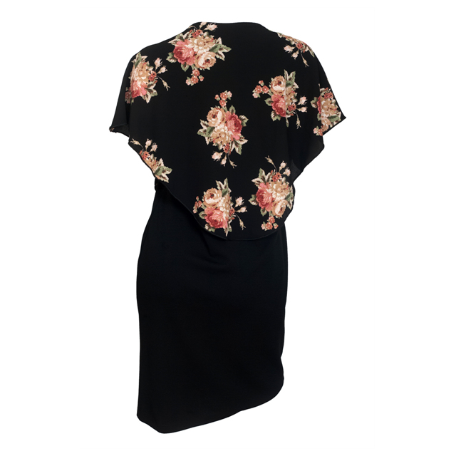 Women's Lace up Layered Poncho Dress Floral Print Black 1761 Photo 2
