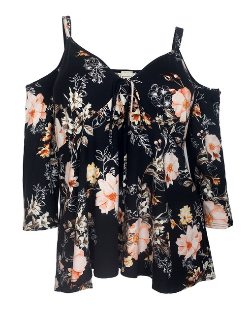 Plus Size Cold Shoulder V-Neck Top Black Floral Print Photo 1