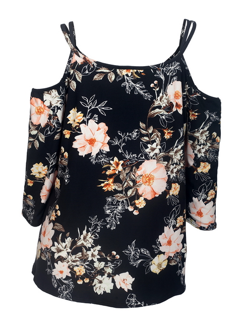 Plus Size Cold Shoulder V-Neck Top Black Floral Print Photo 2