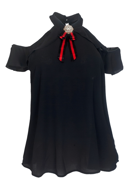 Plus Size Ribbon Pendant Accented Cold Shoulder Top Black Photo 1