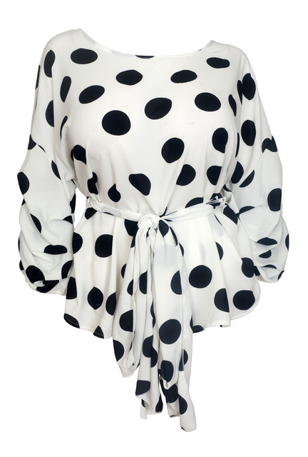 Plus Size Round Neck Chiffon Wrap Back Top Polka Dot Print White Photo 2