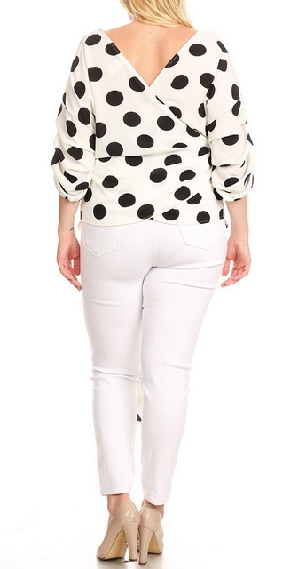 Plus Size Round Neck Chiffon Wrap Back Top Polka Dot Print White Photo 2