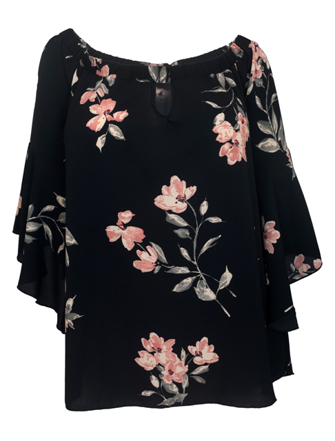 Women's On/Off Shoulder Flared Sleeve Top Black Photo 2