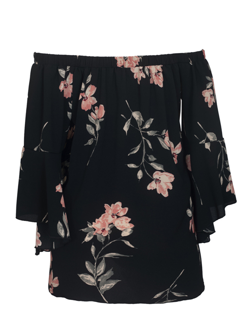 Women's On/Off Shoulder Flared Sleeve Top Black Photo 2