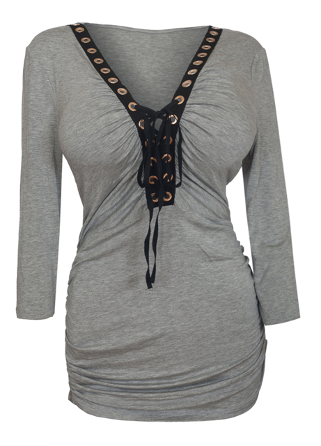 Plus Size V-Neck Lace Up Top Gray 1772 Photo 1