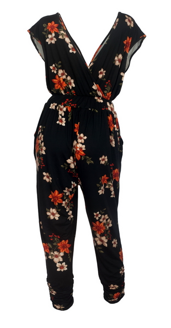 Plus Size Deep V-Neck Jumpsuit Black Floral Print 19713 Photo 2