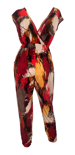 Plus Size Deep V-Neck Jumpsuit Red Designer Print 19713 Photo 2