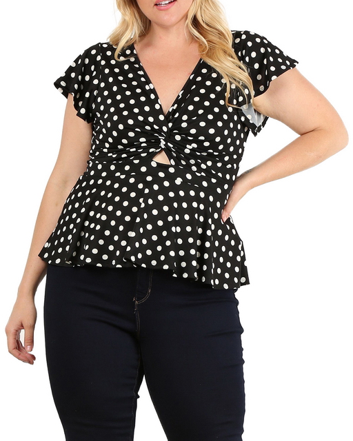 Plus Size V-neck Polka Dot Top Black Photo 2