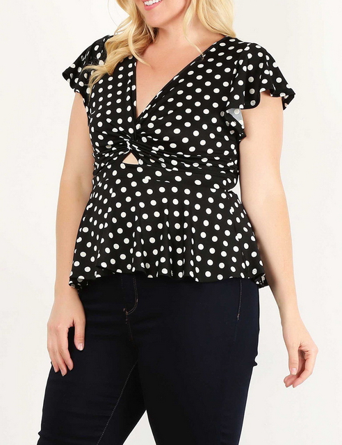 Plus Size V-neck Polka Dot Top Black Photo 2