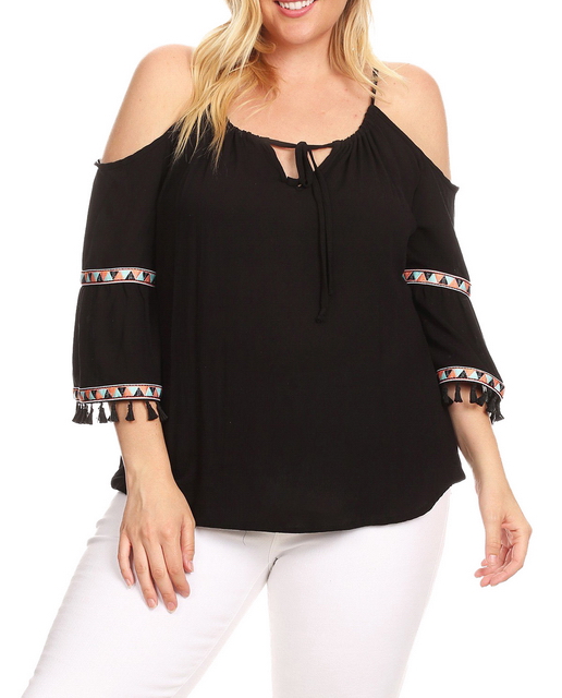 Plus Size Cold Shoulder Bell Sleeve Top Black Photo 1