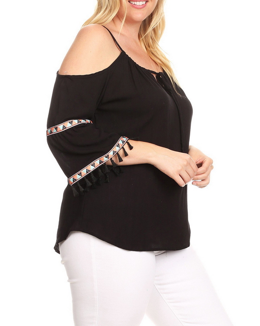 Plus Size Cold Shoulder Bell Sleeve Top Black Photo 2