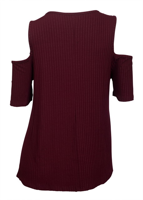 Plus Size Round Neck Ribbed Off Shoulder Top Burgundy Photo 2