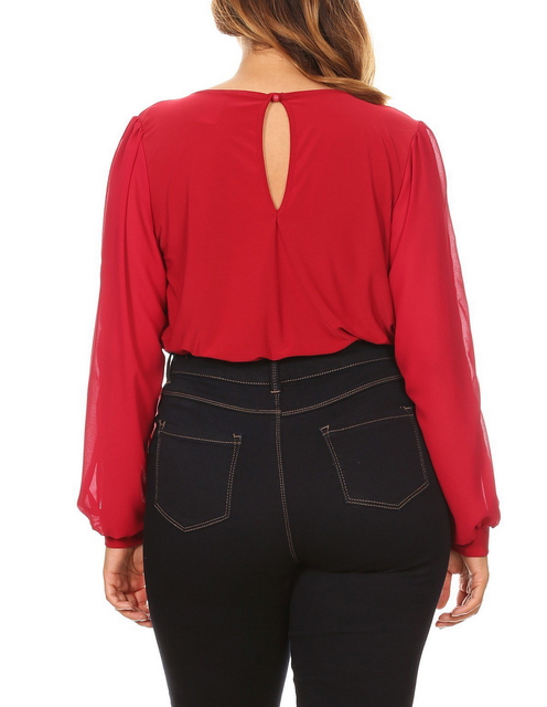 Plus Size Long Bubble Sleeve V-Neck Bodysuit Red Photo 2