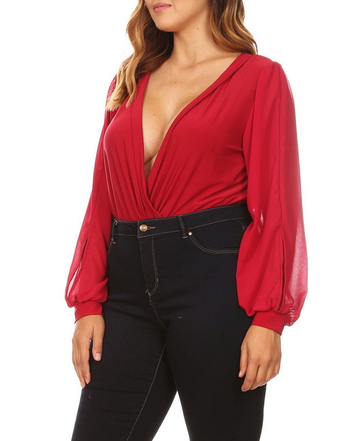 Plus Size Long Bubble Sleeve V-Neck Bodysuit Red Photo 3