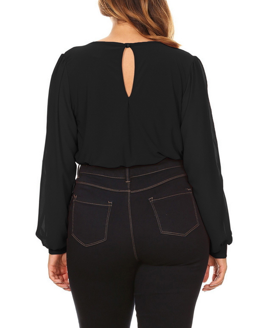Plus Size Long Bubble Sleeve V-Neck Bodysuit Black Photo 2