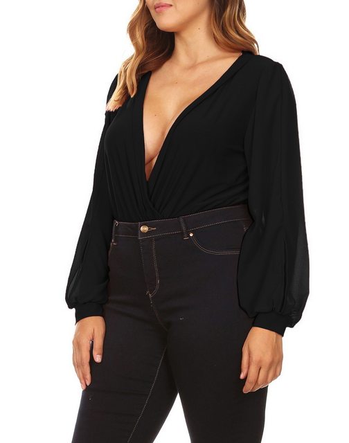 Plus Size Long Bubble Sleeve V-Neck Bodysuit Black Photo 4