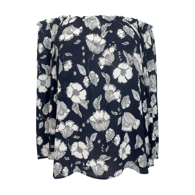 Women's Smocked Off The Shoulder Tunic Top Navy Floral Photo 1