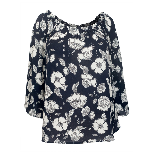 Women's Smocked Off The Shoulder Tunic Top Navy Floral Photo 1