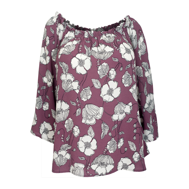 Women's Smocked Off The Shoulder Tunic Top Mauve Floral Photo 1