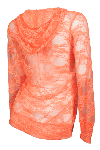 Plus Size Lace Zipper Front Hoodie Top Coral Photo 2
