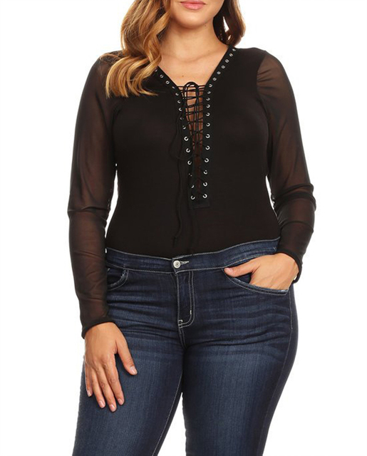 Plus Size Lace Up Sheer Mesh Sleeve Bodysuit Black Photo 1