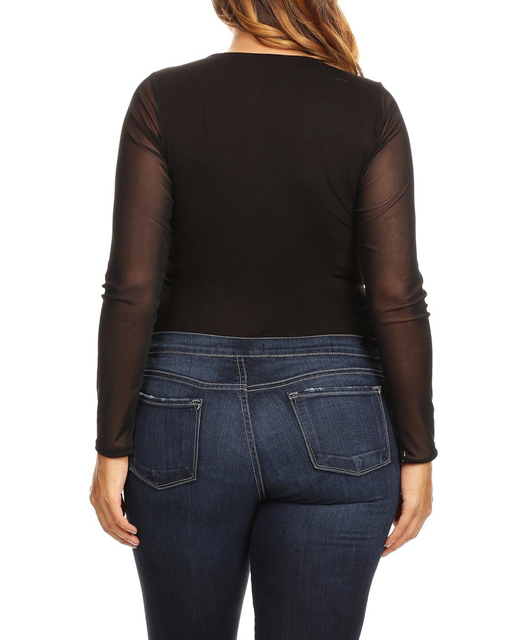 Plus Size Lace Up Sheer Mesh Sleeve Bodysuit Black Photo 2