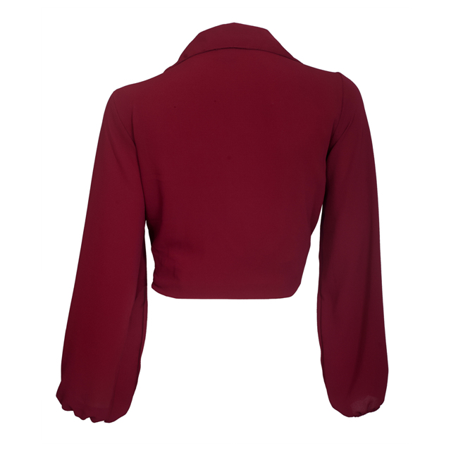 Plus Size Front Tie Off Long Sleeve Cropped Chiffon Blouse Burgundy Photo 2
