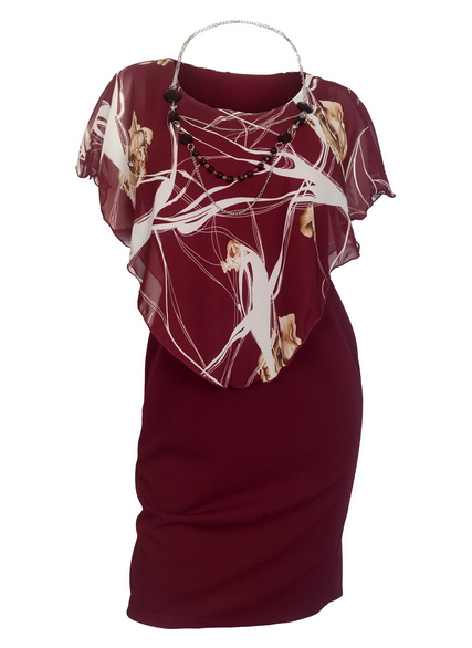 Plus Size Layered Poncho Dress Floral Print Burgundy 181019 Photo 1