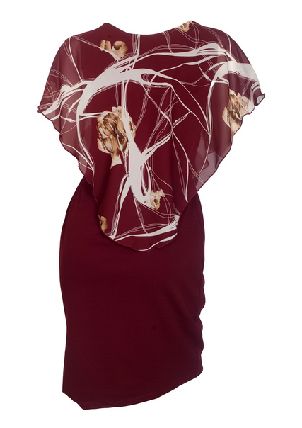 Plus Size Layered Poncho Dress Floral Print Burgundy 181019 Photo 2