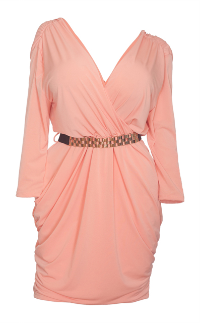 Plus size Deep V-Neck Wrap Bodice Long Sleeve Dress Peach Photo 1