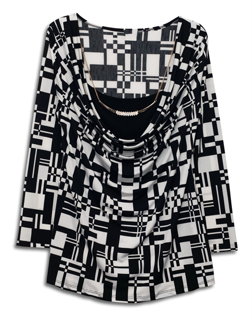 Plus size Layered Long Sleeve Top With Necklace Detail Abstract Print Black Photo 1